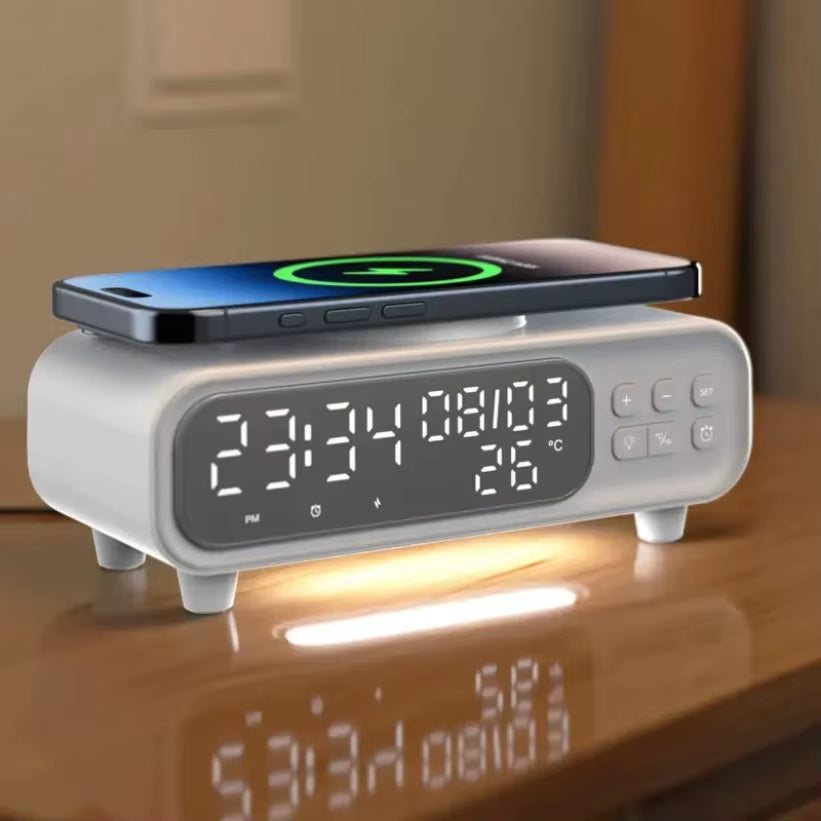 15W Wireless Charger Time Alarm Clock LED Night Light Thermometer Earphone Phone Chargers Fast Charging Dock Station for Iphone