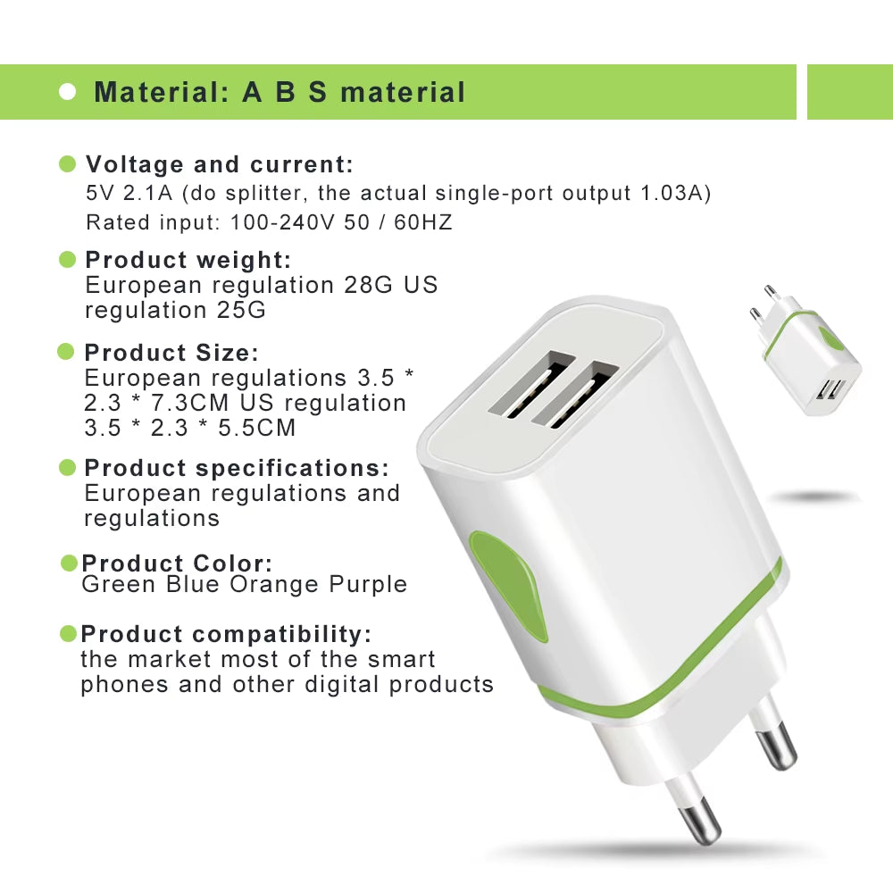 USB Charger LED Travel Fast Charging Adapter Portable Dual Wall Charger Mobile Phone Chargers for Iphone13 12 Samsung S21 Xiaomi